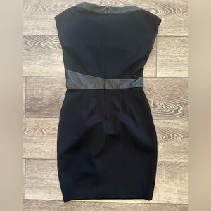 The Kooples LBD black bodycon dress faux leather trim mini midi pockets SZ 38